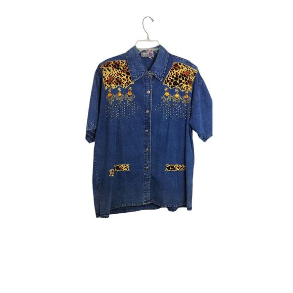 4143)Vtg Pearl River Button Up Short Sleeve Anmal print Jewel Denim Top Plus 2X - Picture 1 of 8